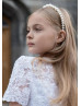 Beaded Short Sleeves White Lace Tulle Tea Length Flower Girl Dress